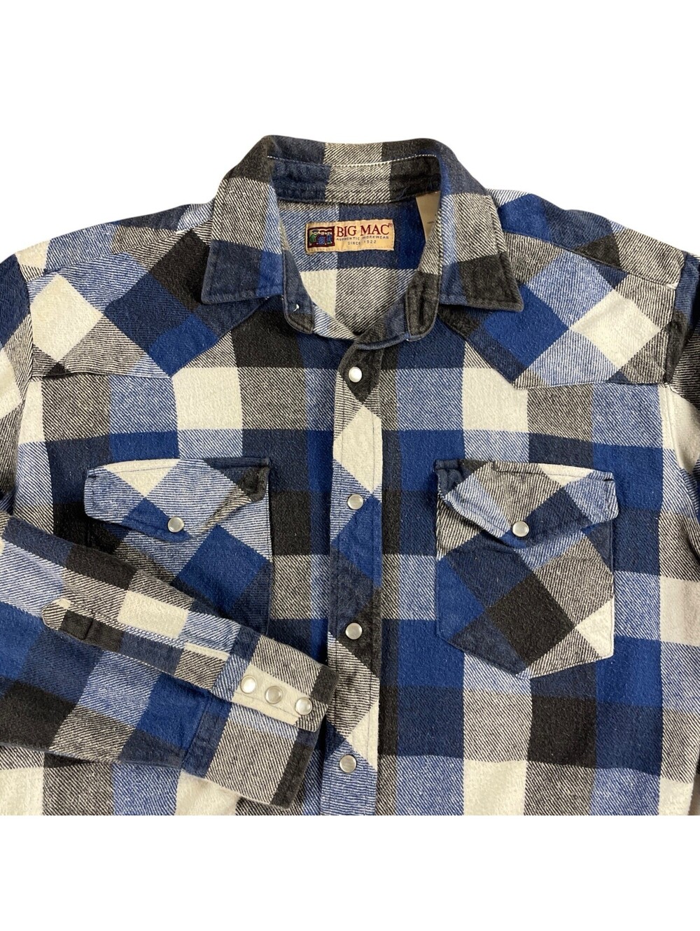 Vintage Big Mac Pearlsnap Flannel Heavyweight Blue Plaid Medium Tall